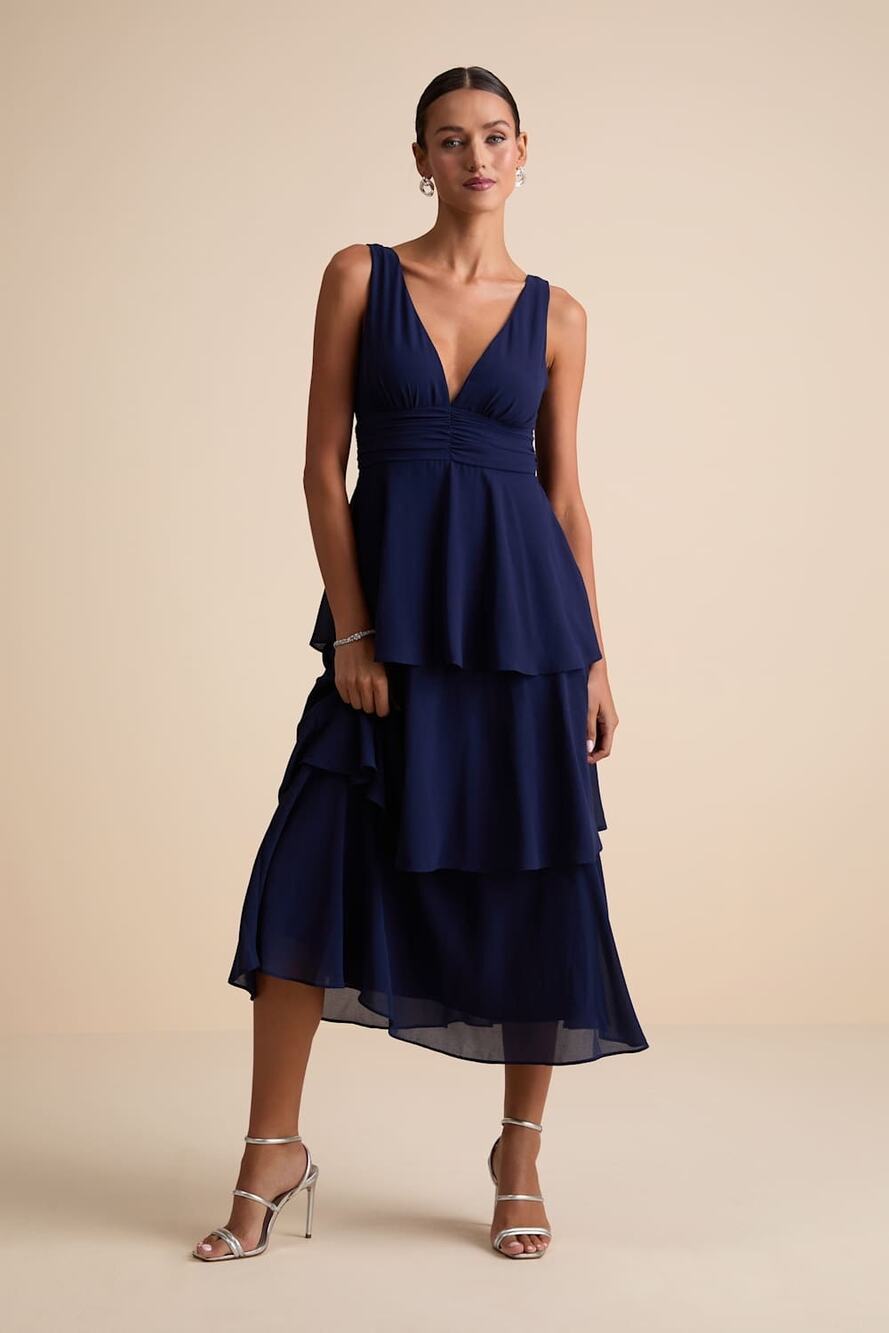 NWT lulus Celebration Time Navy Blue Sleeveless Tiered Midi Dress Holiday Sz S